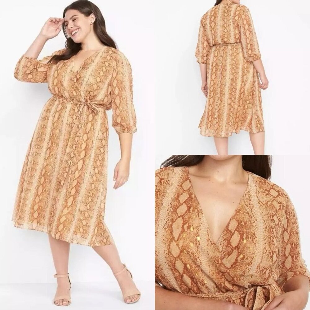 Lane Bryant NWT Surplice Gold Chiffon Snakeskin Belted Midi Dress Size: 16